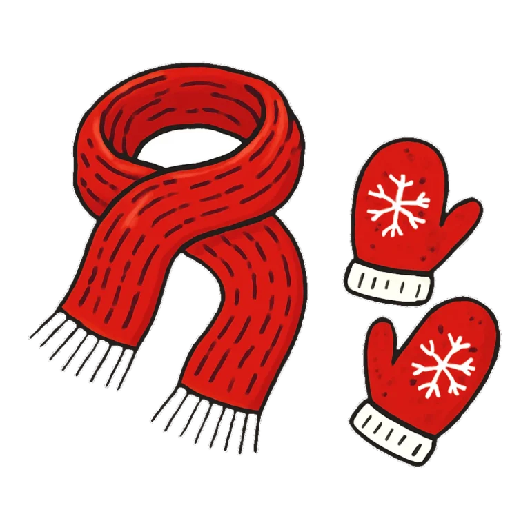 Scarf clipart doodle of a red knit scarf with matching red mittens