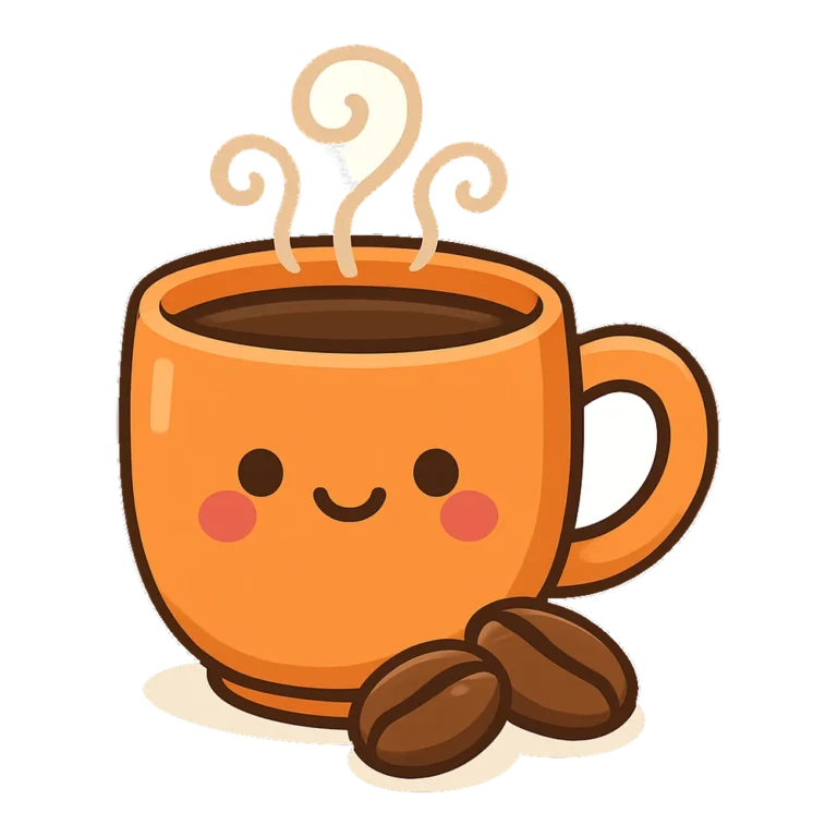 Cute coffee mug clipart of a smiling mug with steam and coffee beans