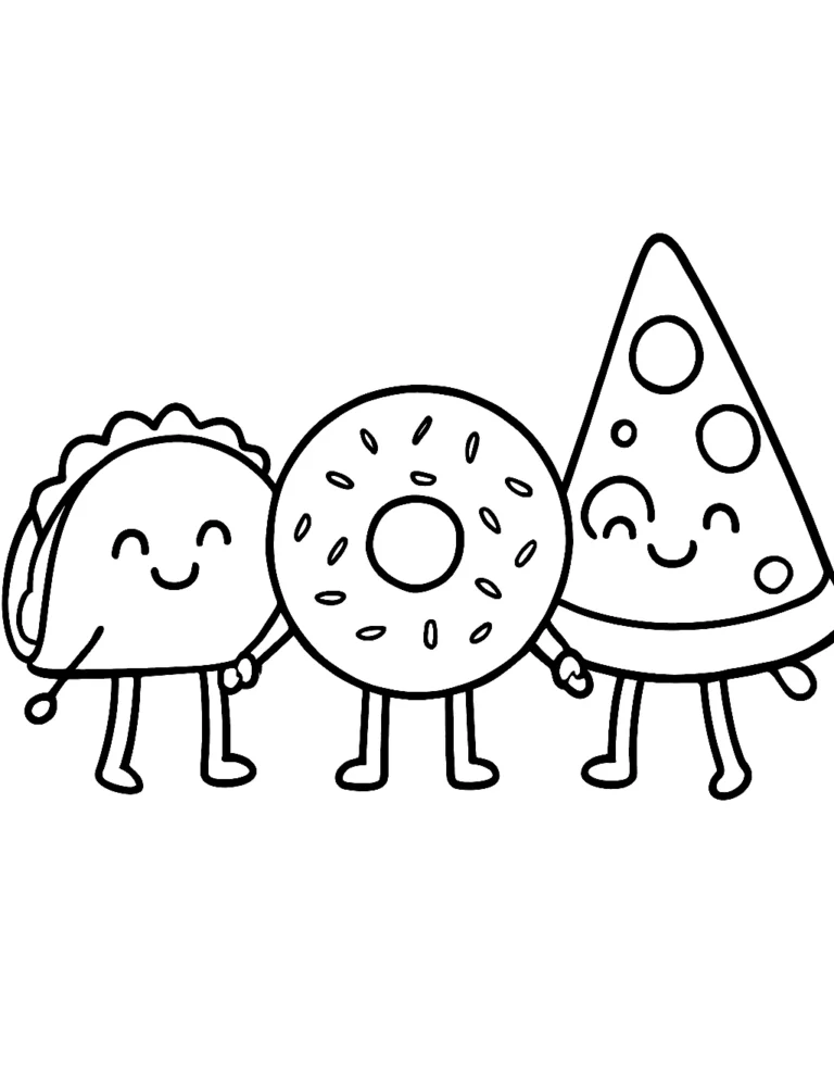 Cartoon coloring page of smiling food friends: a taco, a donut and a slice of pizza