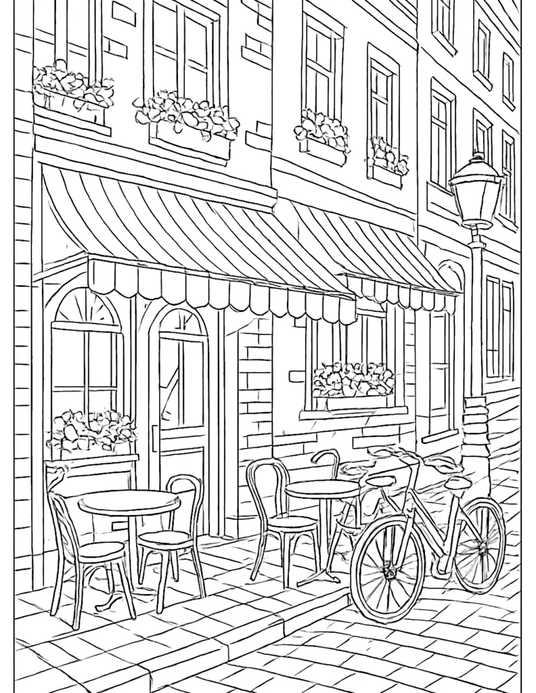 Detailed coloring page of a city street with a cafe, awnings and parked bikes