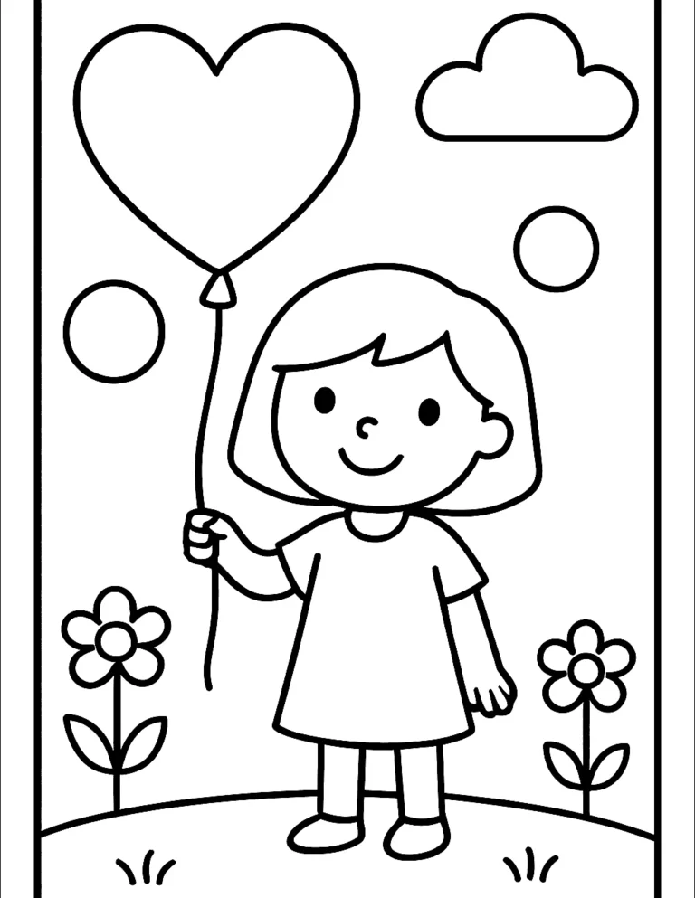 Easy little girl coloring page of a smiling girl holding a heart balloon