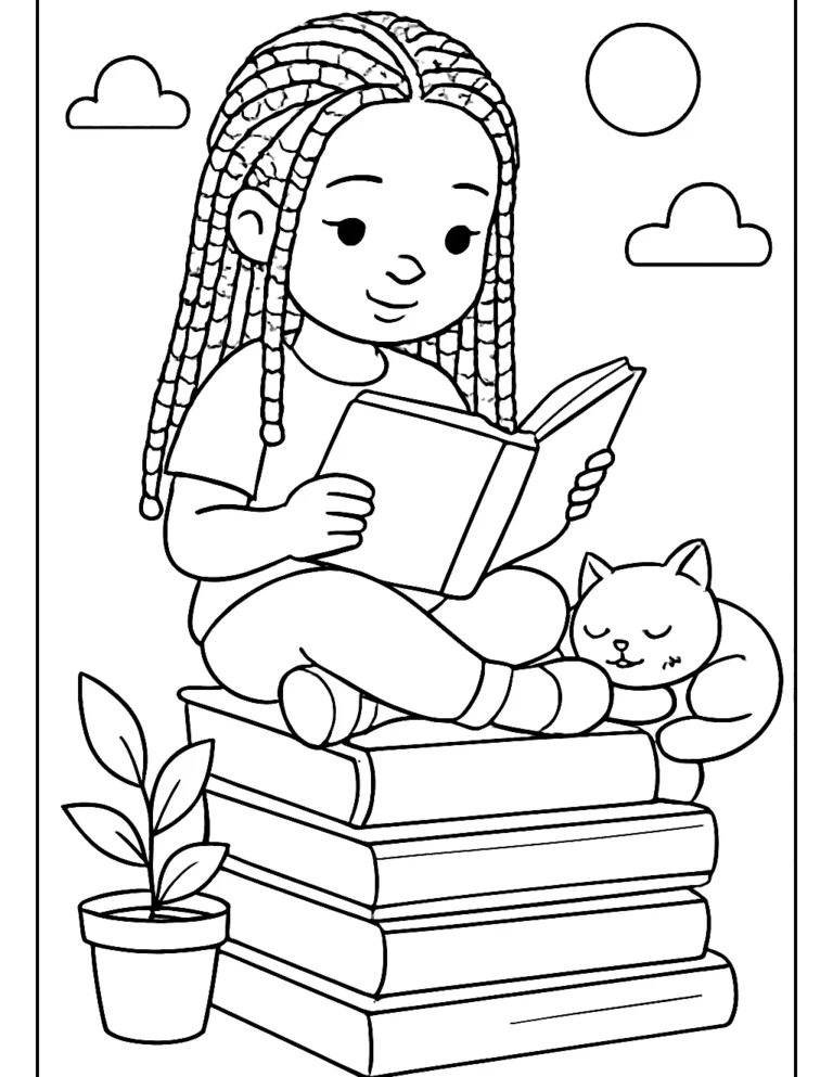 Black girl coloring page of a girl with long box braids reading on a pile of books