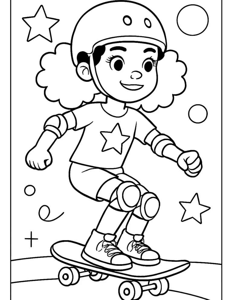 Girl coloring page of a girl with big curly hair riding a skateboard in a helmet