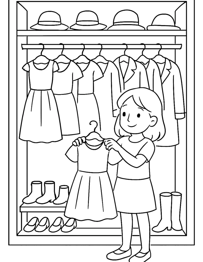 Girls coloring page of a girl choosing outfits from a closet full of dresses and shoes