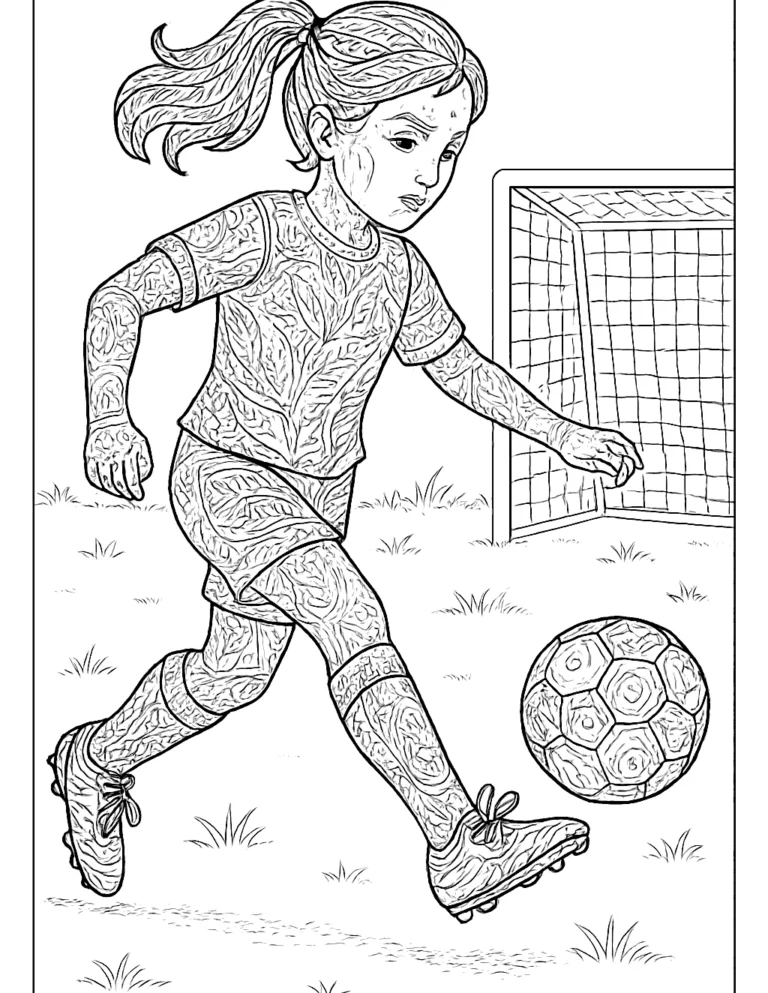 Realistic coloring page of a girl soccer player kicking a ball on a field