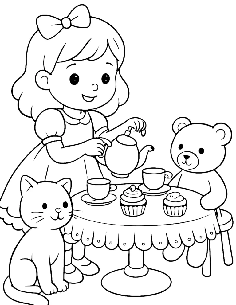Girl coloring page of a little girl hosting a tea party with a cat and a teddy bear
