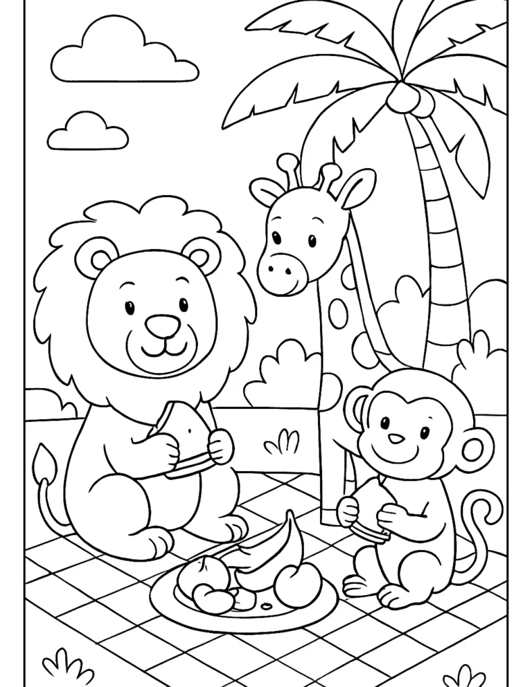 Coloring page for kids of a lion, a giraffe and a monkey at a picnic