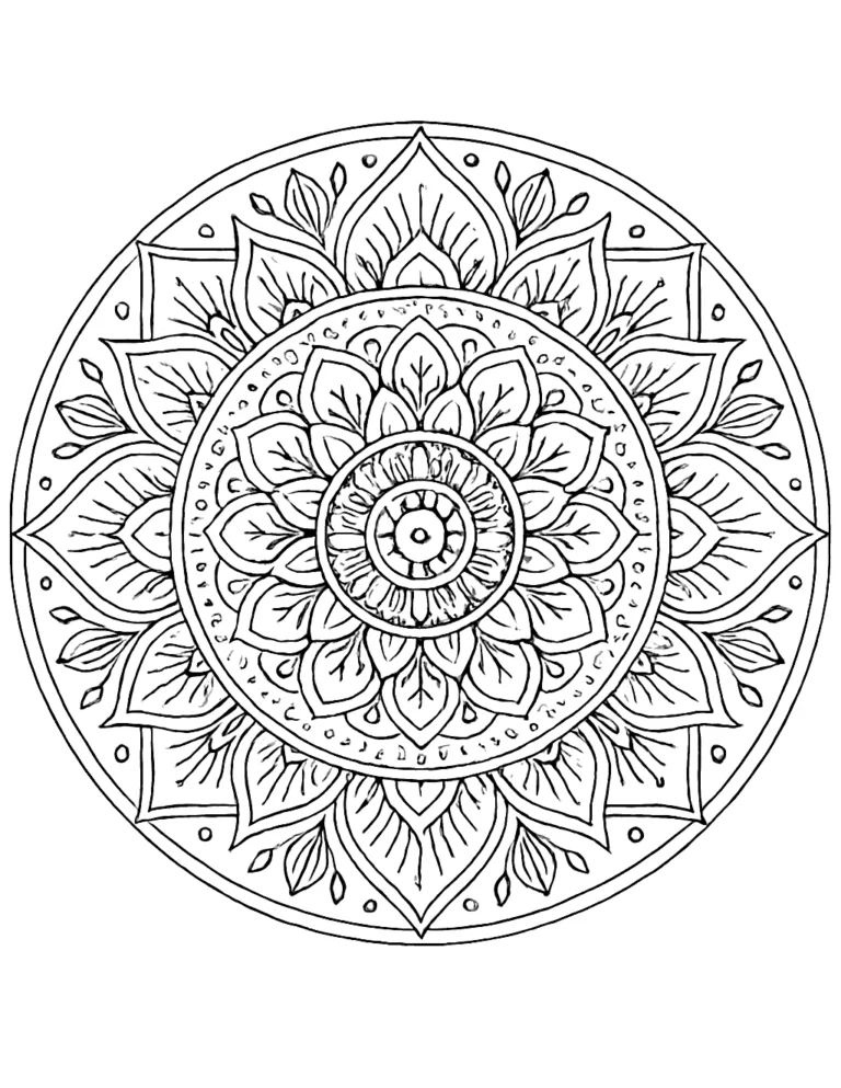 Detailed printable coloring page of a round mandala with layered lotus petals