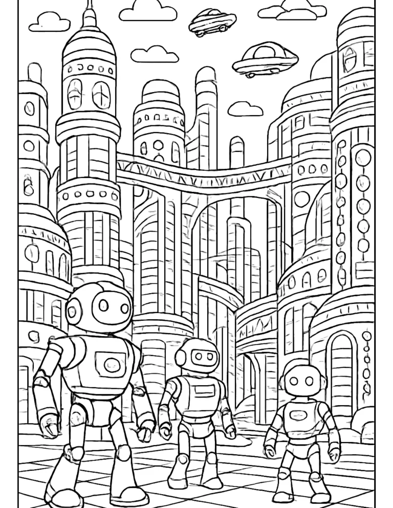 Cool coloring page of a robot city with tall towers and flying cars