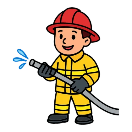 Firefighter clipart of a fire fighter in yellow gear holding a spraying hose