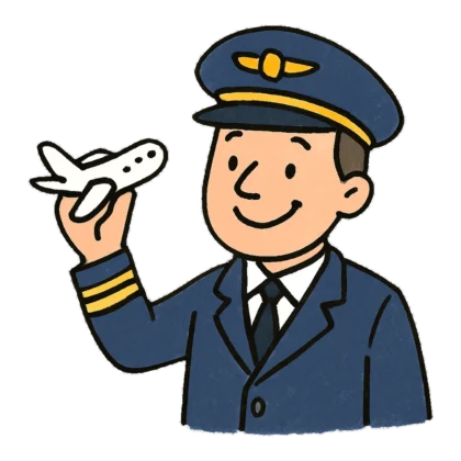 Pilot clipart doodle of a smiling pilot in a navy cap holding a toy plane