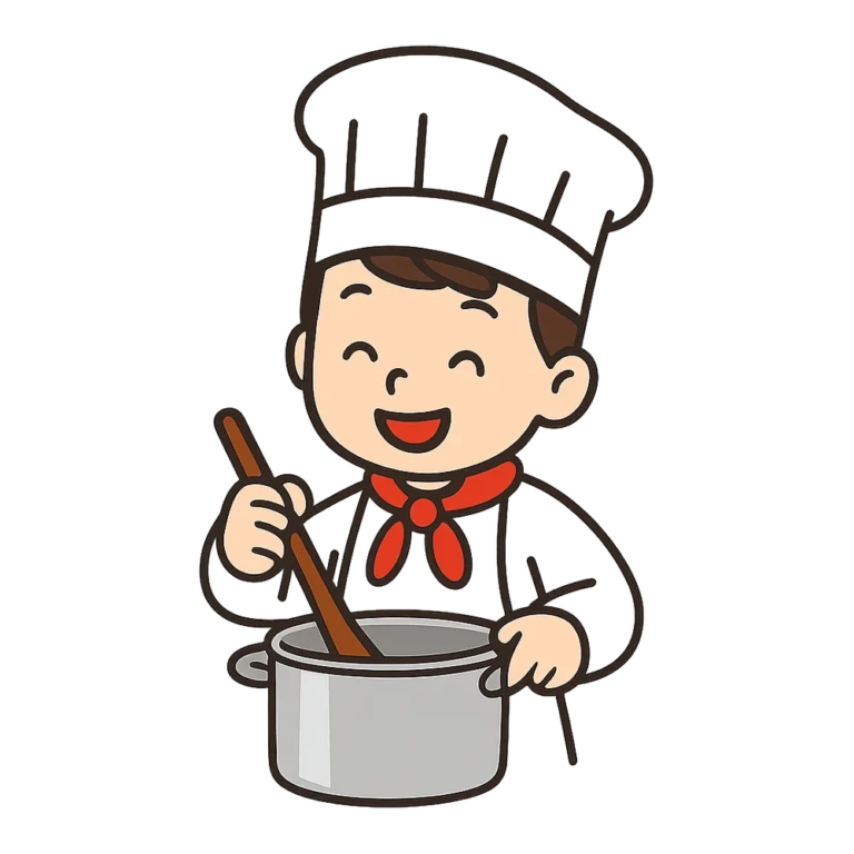 Cooking clipart of a smiling kid chef in a white hat stirring a pot