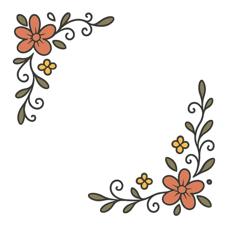 Corner border clipart of doodle flowers and vines in the top left and bottom right