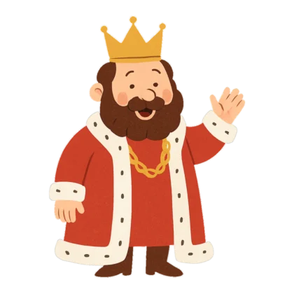 King clipart in a retro style of a cartoon king in a red robe with a gold crown
