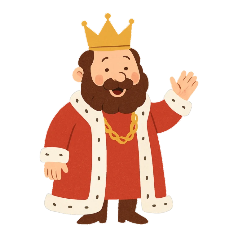 King clipart in a retro style of a cartoon king in a red robe with a gold crown