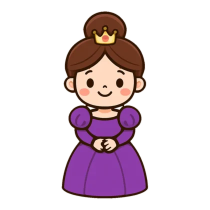 Queen clipart of a cute cartoon queen in a purple gown and a small gold crown