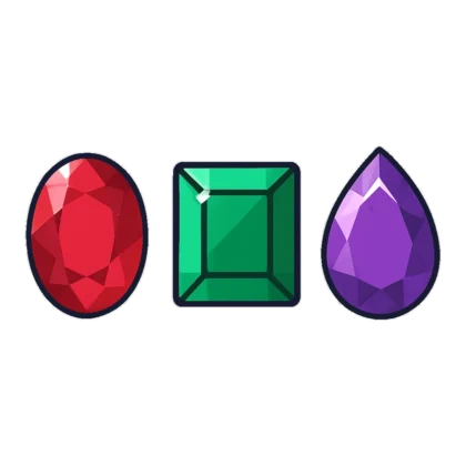 Gem clipart in flat colors of three jewels: a red ruby, green emerald and purple amethyst