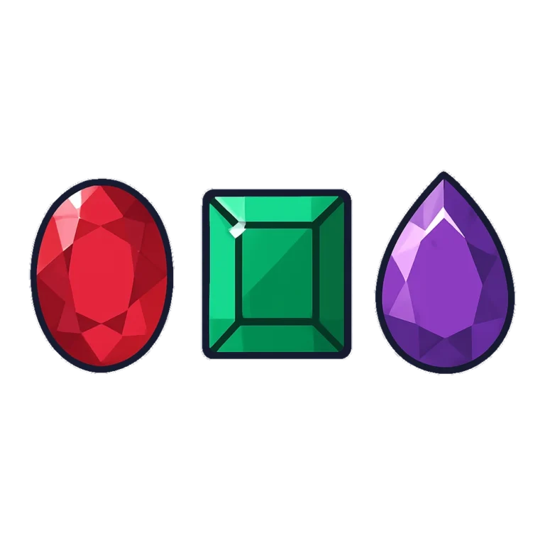 Gem clipart in flat colors of three jewels: a red ruby, green emerald and purple amethyst
