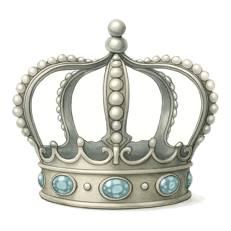 Queen crown clipart of a realistic silver crown with pearls and pale blue gems