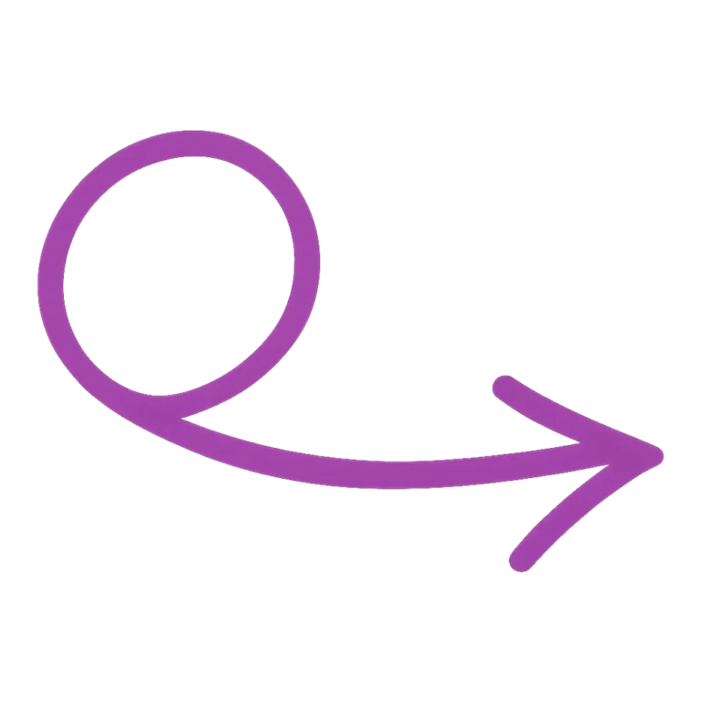 Curved arrow clipart of a loopy purple doodle arrow with one swirl