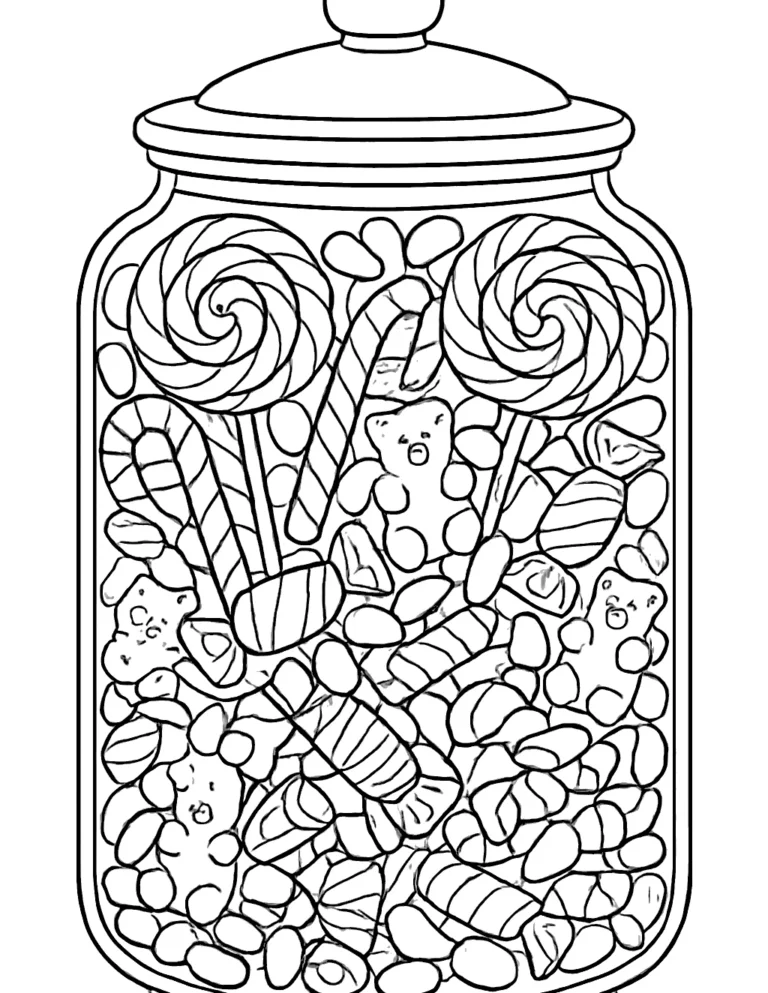 Cute candy coloring page of a big jar full of lollipops, gummies and wrapped sweets
