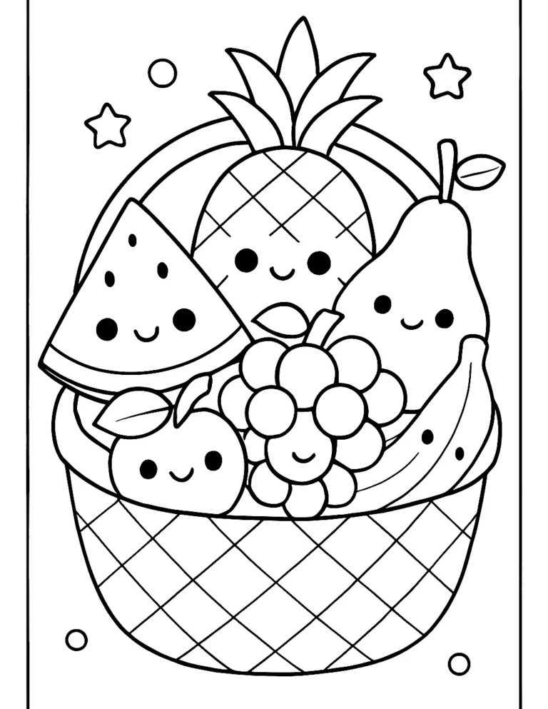 Cute fruit coloring page of a basket with a watermelon slice, pineapple, pear and grapes