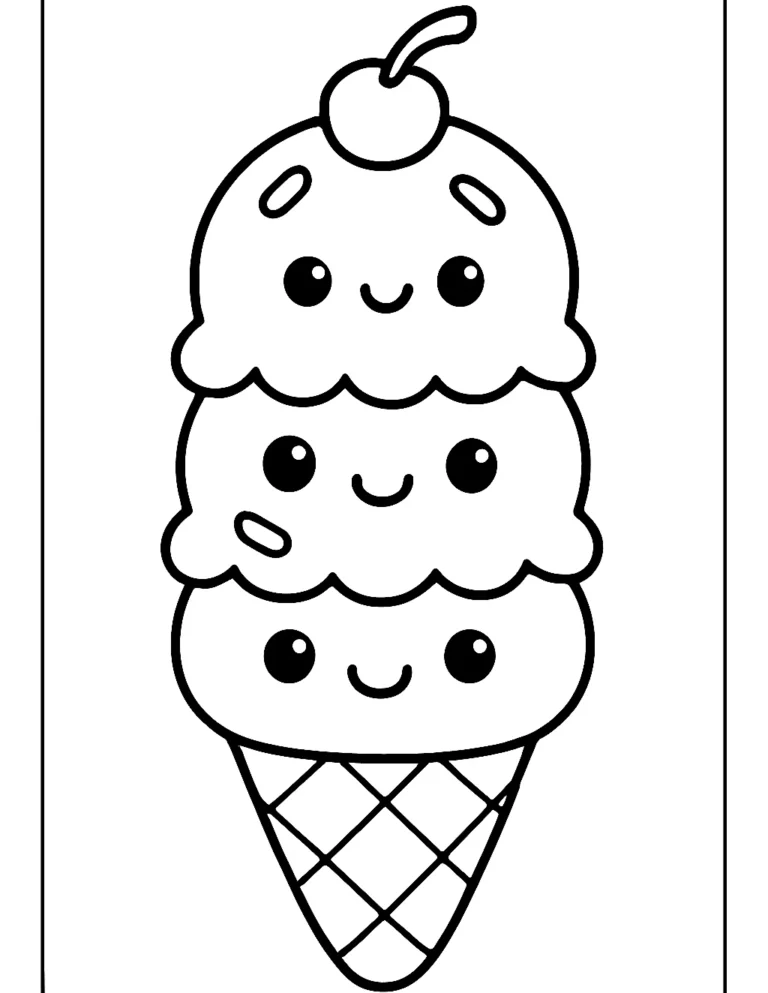 Cute ice cream coloring page of a three scoop cone with smiling faces and sprinkles