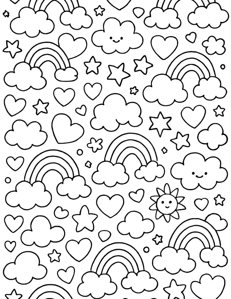 Cute printable coloring page of rainbows, hearts and stars in a full page pattern