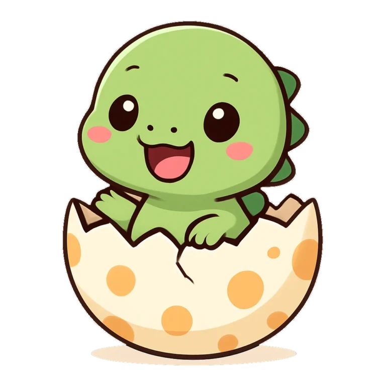 Baby dinosaur clipart of a cute green dino hatching from a spotted egg