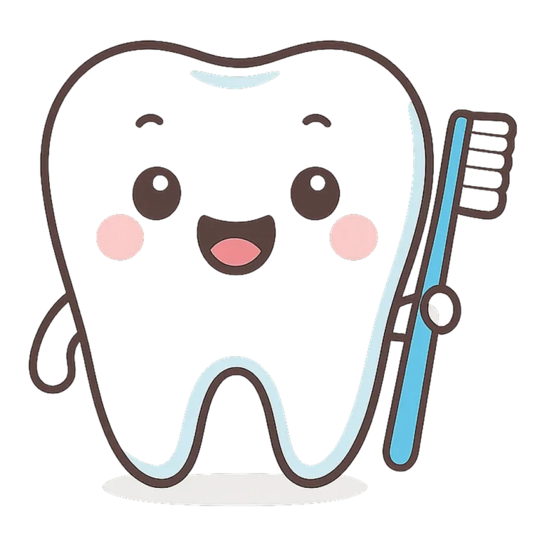 Cute tooth clipart of a smiling white tooth holding a blue toothbrush