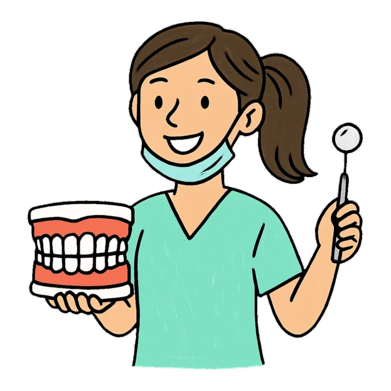 Dentist clipart of a smiling dentist holding a big model of teeth and a mirror