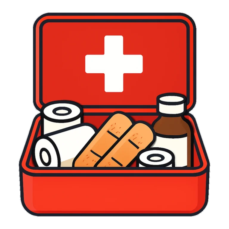 Medical clipart of an open first aid kit with bandages, tape and a medicine bottle