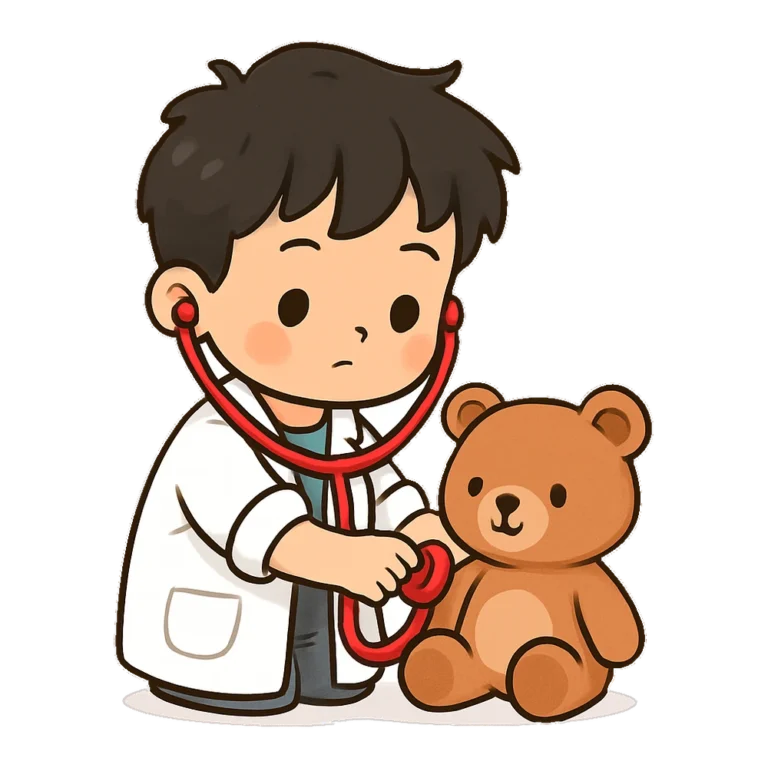 Cute doctor clipart of a child in a play coat checking a teddy bear with a stethoscope