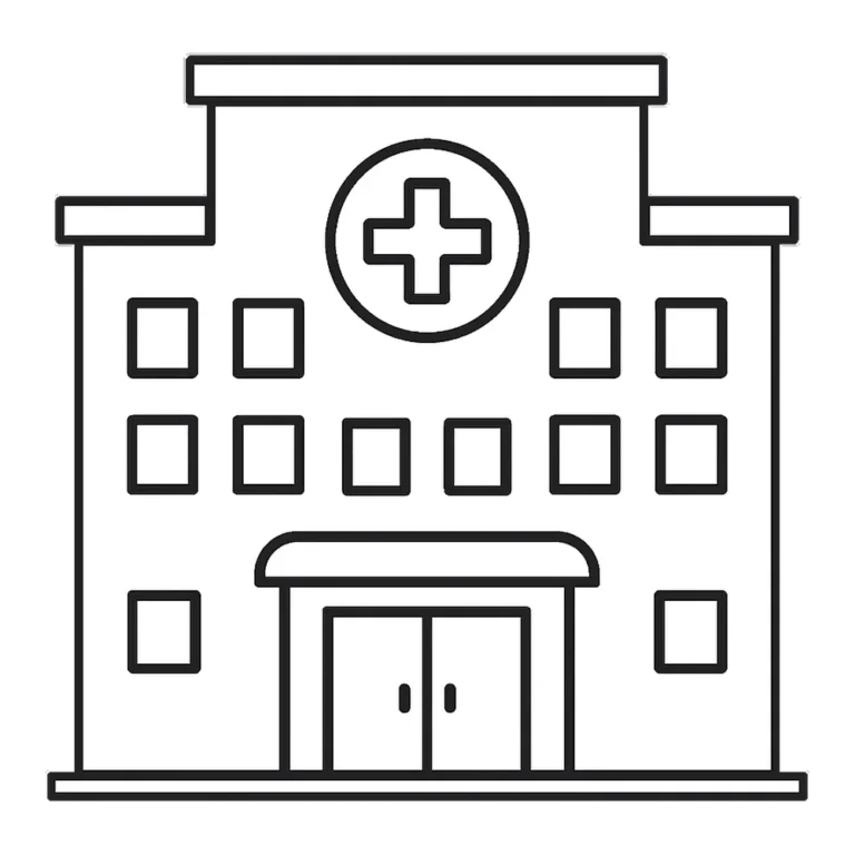 Hospital clipart black and white of a small hospital building with windows and doors