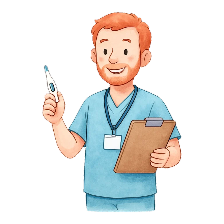 Nurse clipart of a nurse in blue scrubs holding a clipboard and a digital thermometer