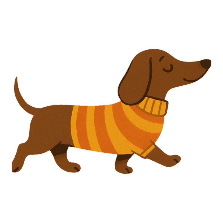 Dachshund clipart in a retro style of a long brown dog walking in an orange sweater