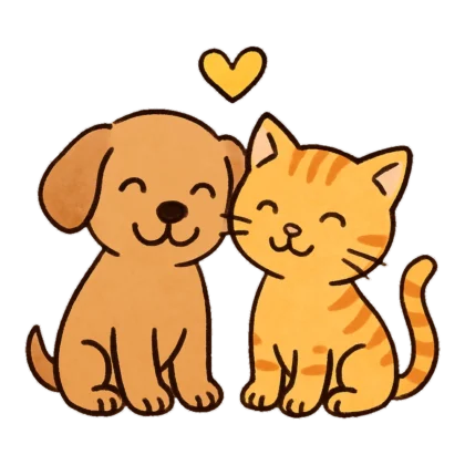 Dog and cat clipart doodle of a brown puppy and an orange kitten cuddling