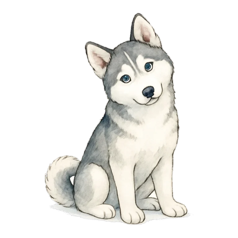 Husky clipart of a gray and white husky with pale blue eyes, painted in watercolor