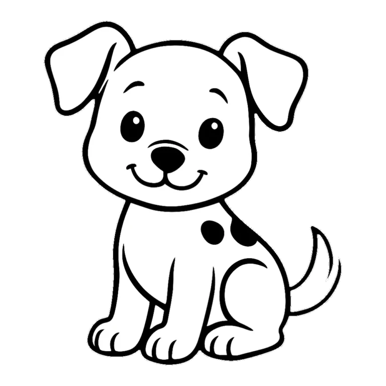 Black and white dog clipart outline of a sitting puppy with one ear flopped down