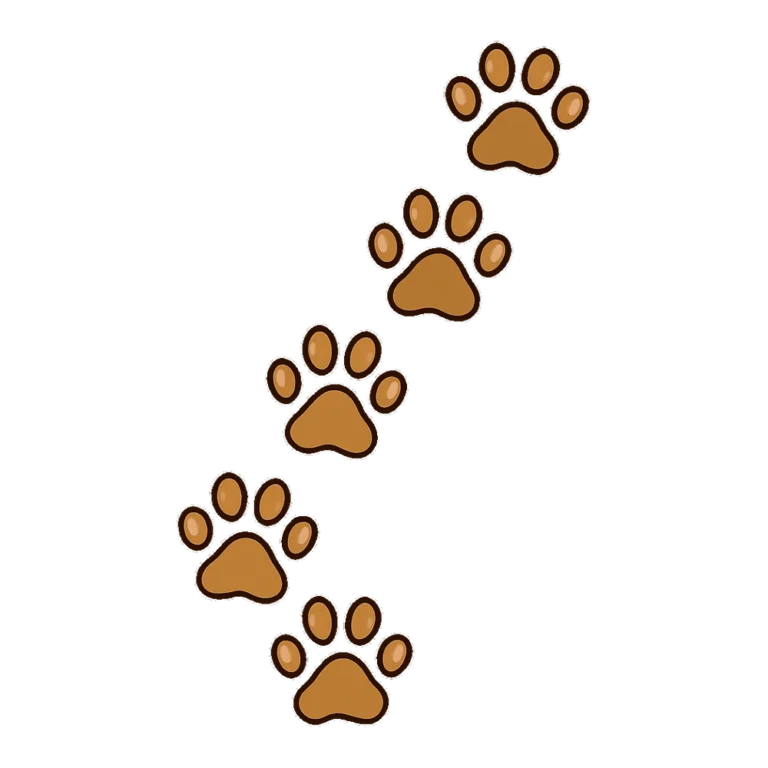 Paw prints clip art of a gently curving trail of brown dog paw prints