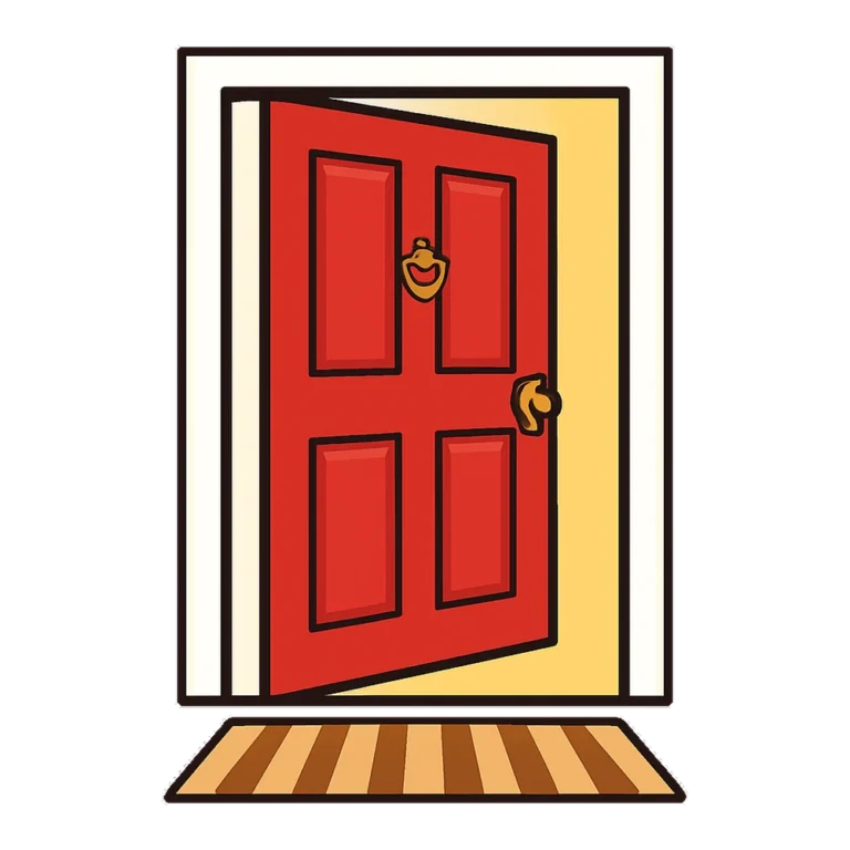 Open door clipart of a red front door swinging open with a welcome mat