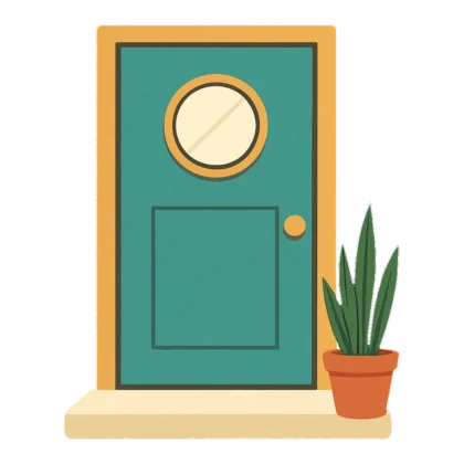 Door clipart of a teal front door with a round window and potted plant, in retro colors