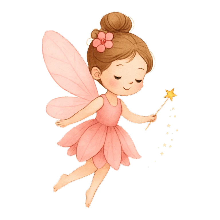 Pink fairy clipart of a little fairy with sparkly wings, painted in watercolor