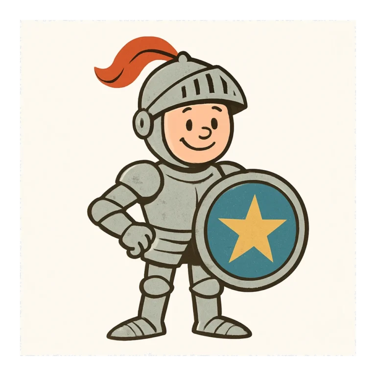 Knight clipart of a retro cartoon knight in a helmet holding a round blue shield