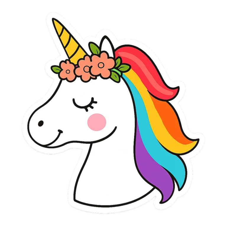 Unicorn head clipart sticker of a smiling unicorn with a flower crown and rainbow mane