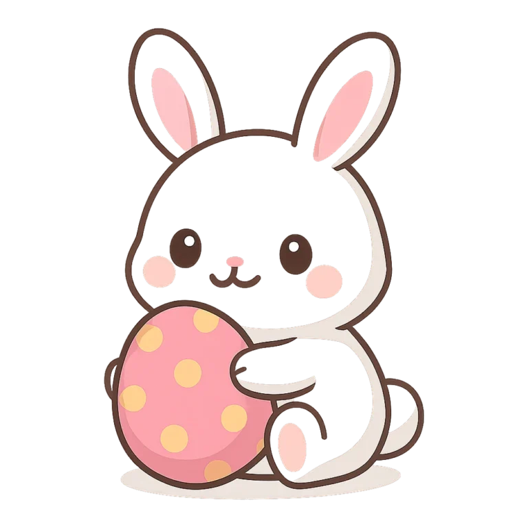 Cute bunny clipart of a white Easter bunny hugging a big pink spotted egg