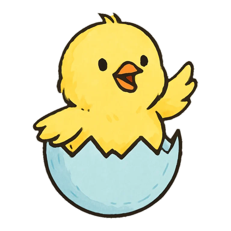 Egg clipart doodle of a fluffy yellow chick hatching from a cracked blue egg
