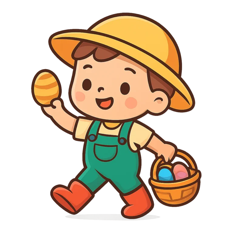 Easter egg hunt clipart of a smiling child in a sun hat carrying a basket of eggs