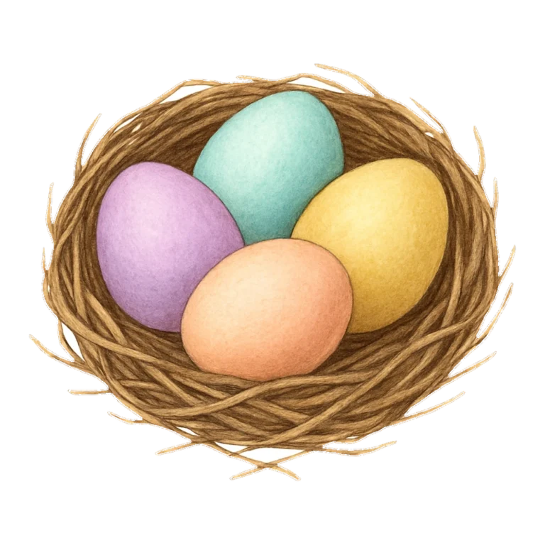 Easter egg clipart of realistic dyed eggs resting in a small twig nest