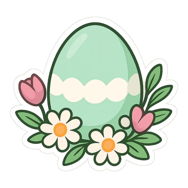 Cute Easter clipart sticker of a mint egg wrapped in daisies and pink tulips